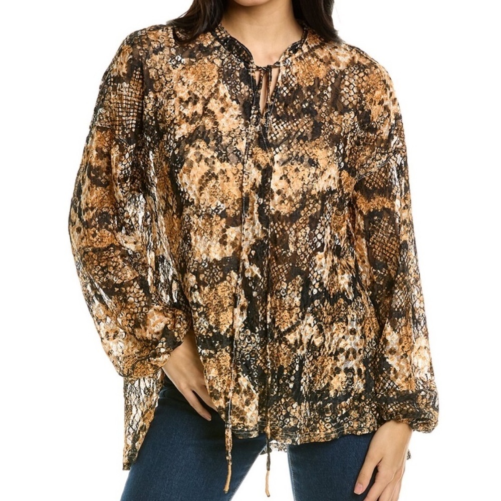Free People Brown and Black Snake Print Peasant Blouse